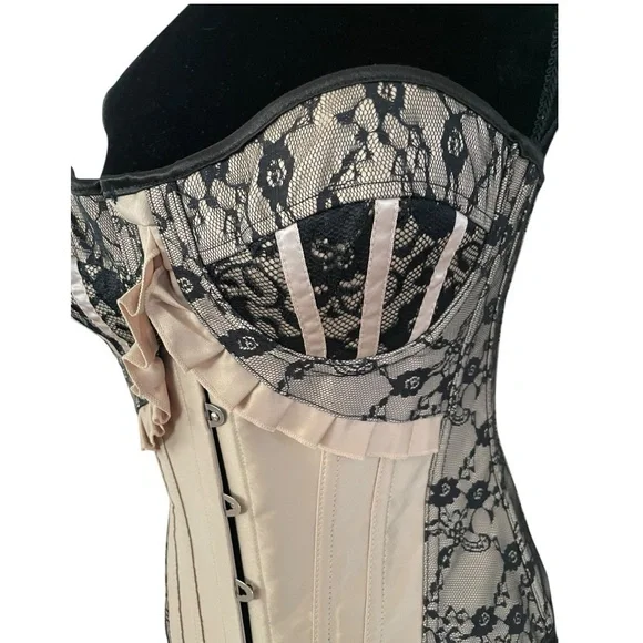 Sexy Gold with Black Lace Bone Hook & Eye Lace Up Corset Size M goth medieval - Picture 4 of 6